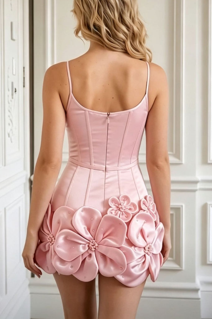 Pink Spaghetti Straps 3D Floral Corset Mini Prom Homecoming Dress with Beading UQH0290