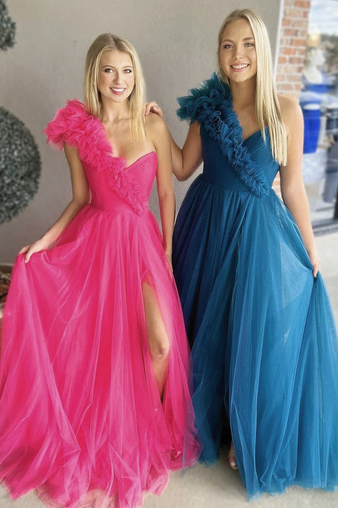A Line Hot Pink One Shoulder Tulle Prom Gown with Slit, New Arrival Women Dress UQP0252
