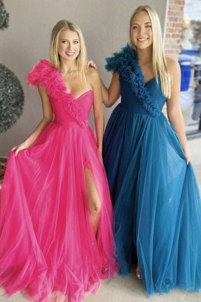 A Line Hot Pink One Shoulder Tulle Prom Gown with Slit, New Arrival Women Dress UQP0252