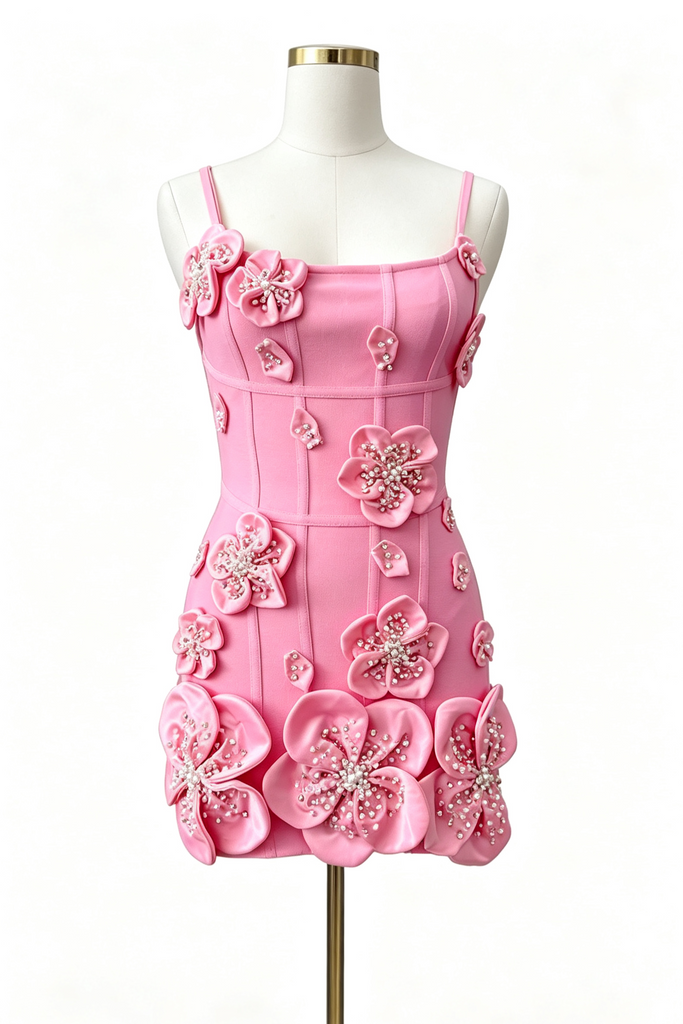 Hot Pink Spaghetti Straps Short Prom Dress with 3D Flowers, Floral Mini Homecoming Dress UQH0286