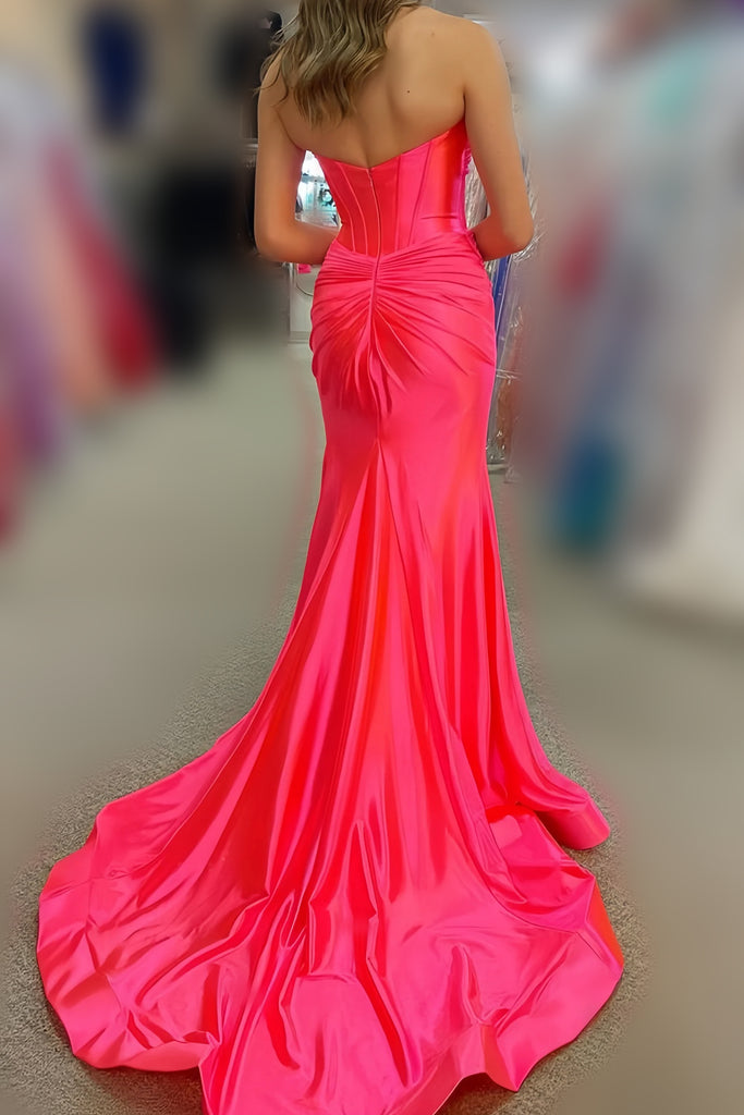 Fuchsia Sweetheart Mermaid Prom Dress with Slit, New Arrival Satin Evening Gown UQP0338