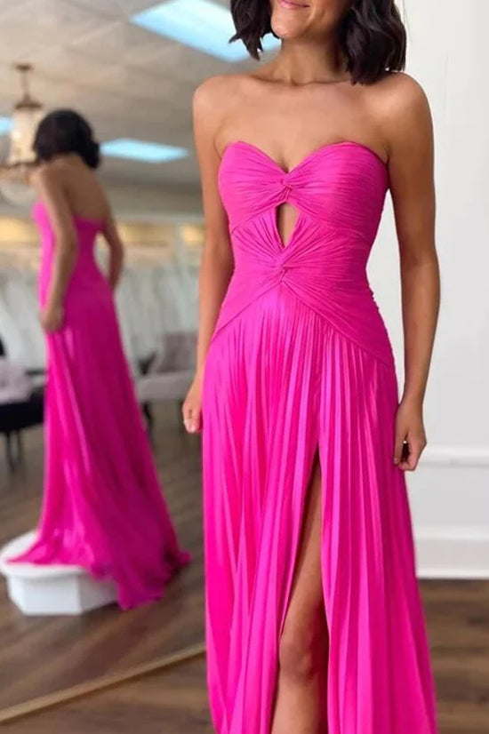 Hot Pink Sweetheart Split Chiffon Prom Dress, A Line Long Formal Dress with Pleats UQP0305
