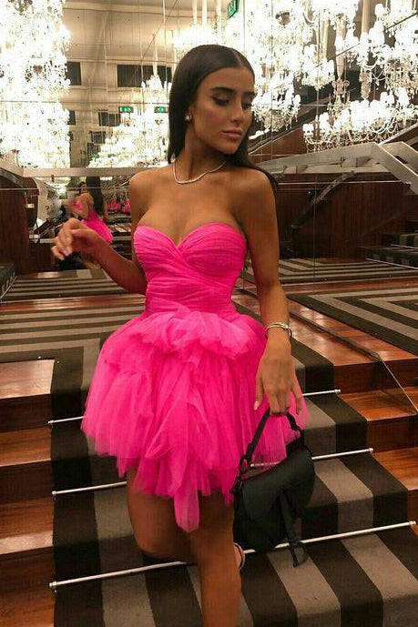 Hot Pink Sweetheart Tulle Homecoming Dress, Short Graduation Dresses UQH0166
