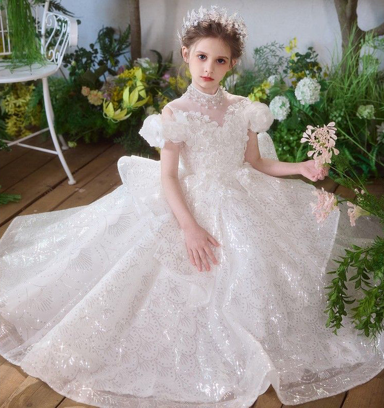 Shiny Long Flower Girl Dress for Wedding Holiday Birthday Party Toddler Dresses UQF0014