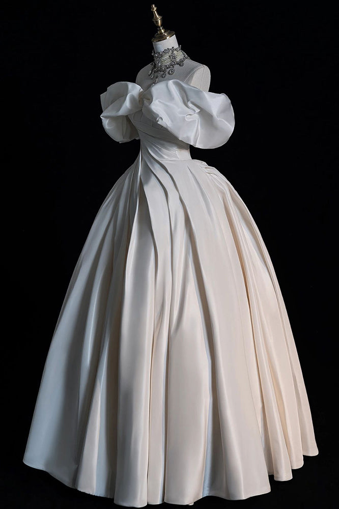 Ivory Off the Shoulder Puffy Wedding Dress, Floor Length Satin Bridal Dresses UQW0113