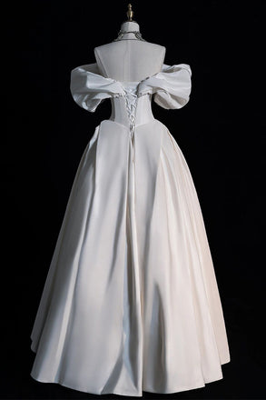 Ivory Off the Shoulder Puffy Wedding Dress, Floor Length Satin Bridal Dresses UQW0113