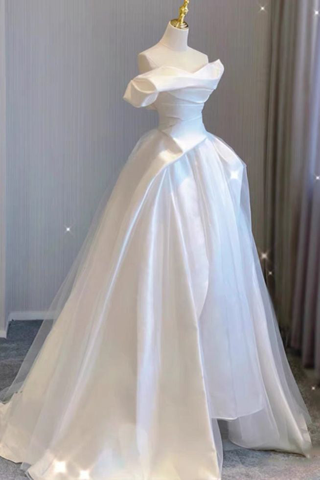 Ivory Off the Shoulder Tulle Wedding Dress, A Line New Bridal Gown UQW0134