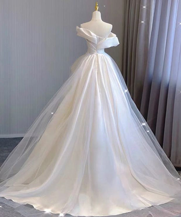 Ivory Off the Shoulder Tulle Wedding Dress, A Line New Bridal Gown UQW0134