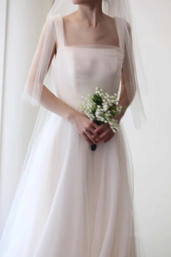 Ivory Straps Tulle Long Beach Wedding Dress, Simple Square Neck Bridal Gown UQW0139