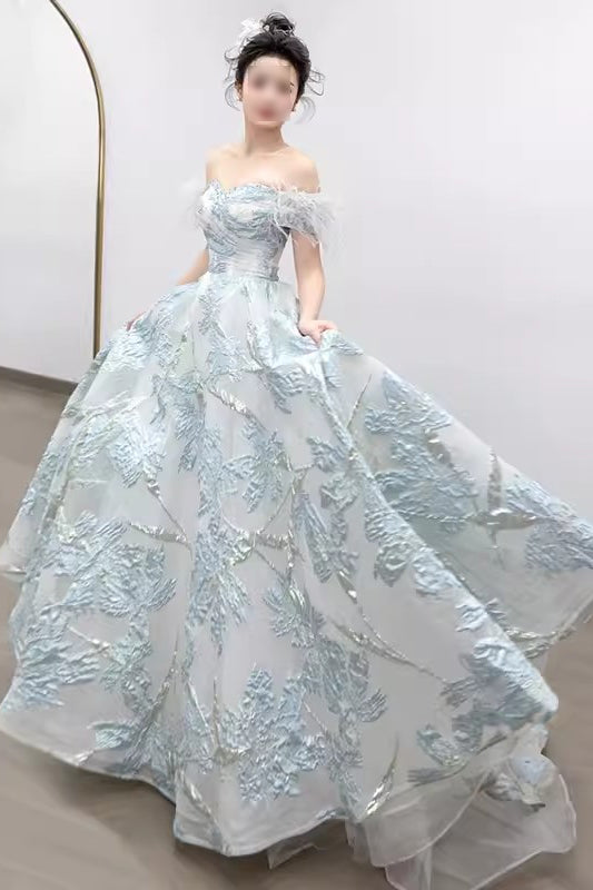 A Line Light Blue Off the Shoulder Puffy Prom Dress Long Quinceanera Dresses UQP0273