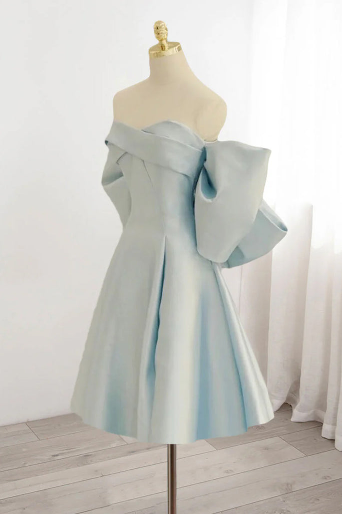 Light Blue Off the Shoulder Satin Homecoming Gown, A Line Short Formal Gown UQH0254