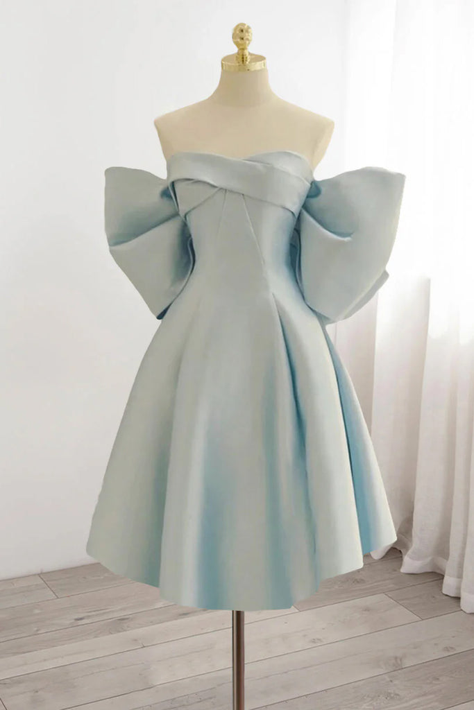 Light Blue Off the Shoulder Satin Homecoming Gown, A Line Short Formal Gown UQH0254
