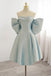 Light Blue Off the Shoulder Satin Homecoming Gown, A Line Short Formal Gown UQH0254
