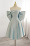 Light Blue Off the Shoulder Satin Homecoming Gown, A Line Short Formal Gown UQH0254