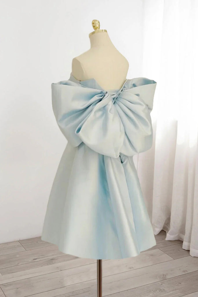 Light Blue Off the Shoulder Satin Homecoming Gown, A Line Short Formal Gown UQH0254