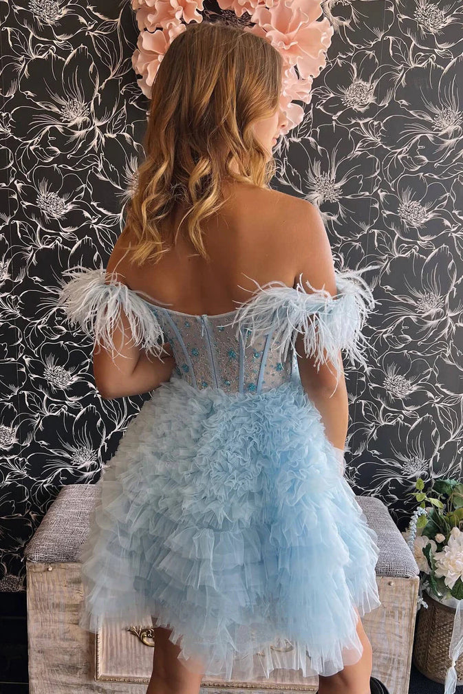 Light Blue Off the Shoulder Tulle Tiered Short Homecoming Gown with Beading UQH0209