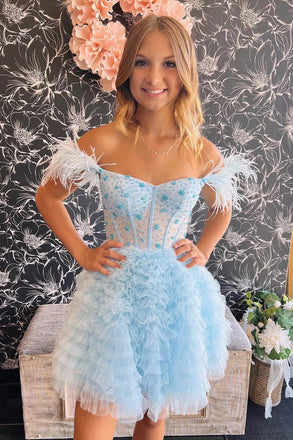 Light Blue Off the Shoulder Tulle Tiered Short Homecoming Gown with Beading UQH0209
