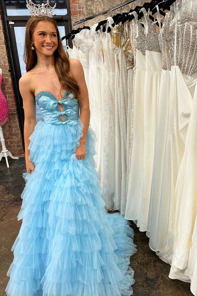 Light Blue Sweetheart Tulle Layers Prom Gown, A Line Tiered Evening Dress with Bowknot UQP0289