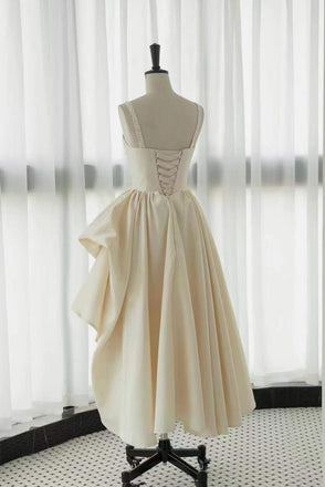 Ankle Length Straps Prom Dress, Satin Homecoming Gown with Beads UQH0146