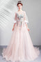 Light Pink Long Sleeves Tulle Prom Dress Princess Evening Gown with Lace UQP0268