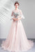Light Pink Long Sleeves Tulle Prom Dress Princess Evening Gown with Lace UQP0268