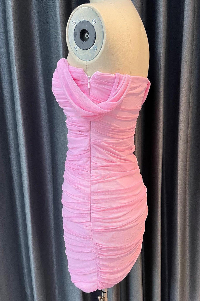 Light Pink Off the Shoulder Sheath Prom Gown Mini Homecoming Dress UQH0291