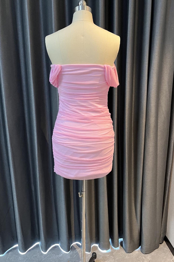 Light Pink Off the Shoulder Sheath Prom Gown Mini Homecoming Dress UQH0291