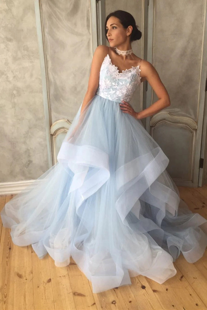 Light Sky Blue Spaghetti Straps Tulle Long Prom Formal Dress, A Line L