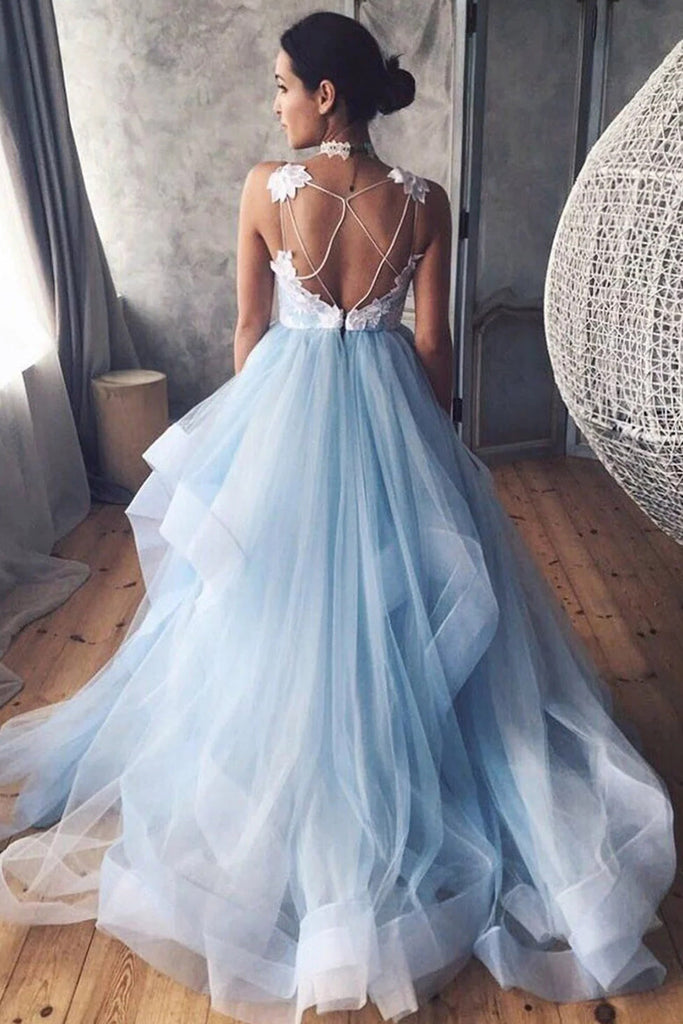 Light Sky Blue Spaghetti Straps Tulle Long Prom Formal Dress, A Line Lace Party Gown UQP0259