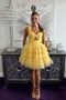 A Line Yellow One Shoulder Tulle Tiered Homecoming Dress, Short Prom Gown UQH0262