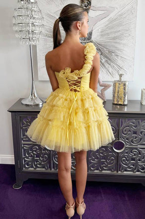 A Line Yellow One Shoulder Tulle Tiered Homecoming Dress, Short Prom Gown UQH0262