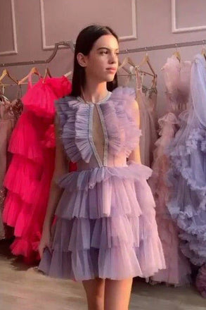 New Arrival Sleeveless Tiered Hoco Dress, A Line Tulle Sweet 16 Dresses UQH0212