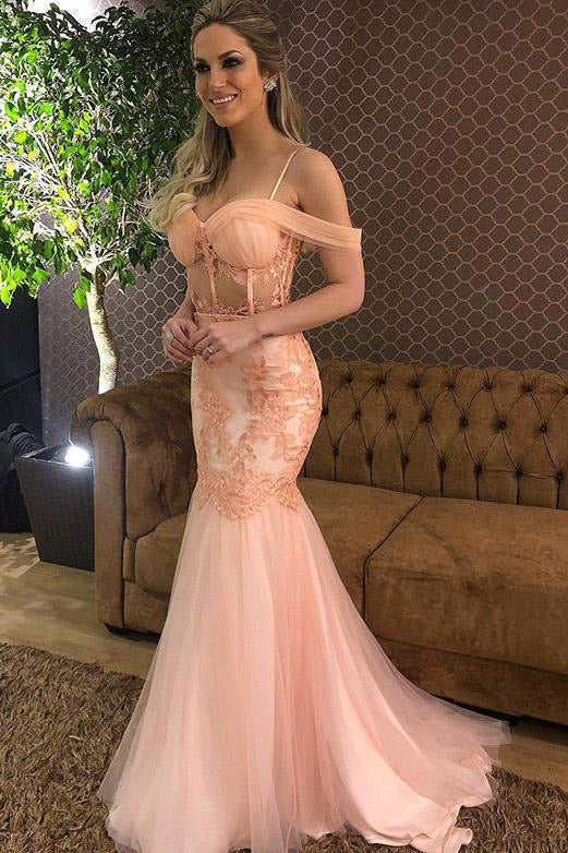 Mermaid Off the Shoulder Tulle Lace Appliqued Long Formal Gown, Prom Dresses UQP0256