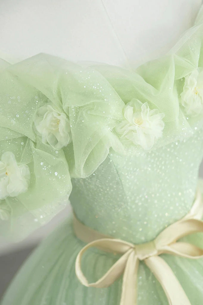 Mint Green Tulle Off the Shoulder Prom Gown with Flowers, Puffy Quince Uniquedresss Mint Green Tulle Off the Shoulder Prom Gown with Flowers, Puffy Quince Uniquedresss