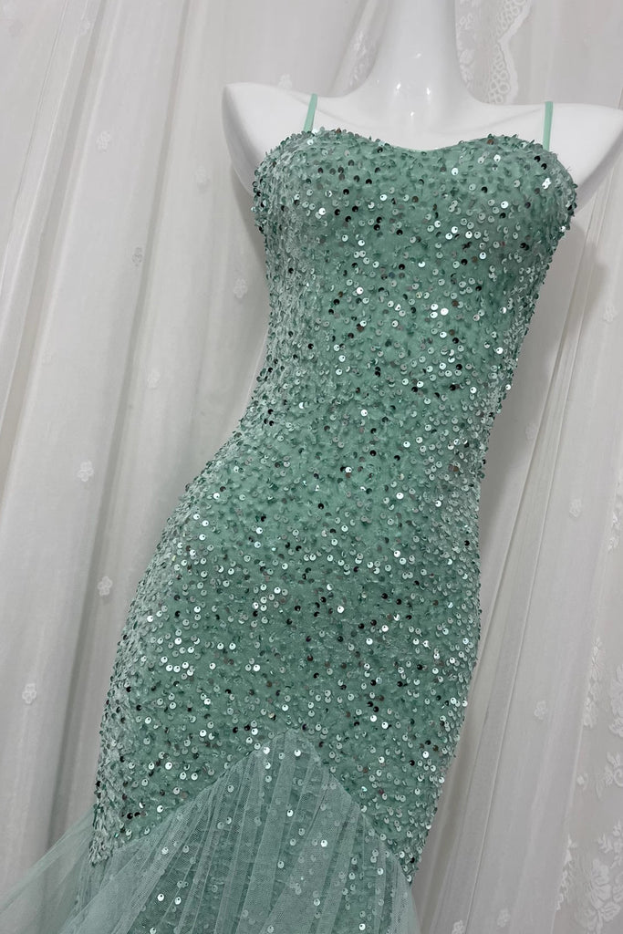 Green Spaghetti Straps Sequin Mermaid Prom Dress, Long Evening Gown UQP0329