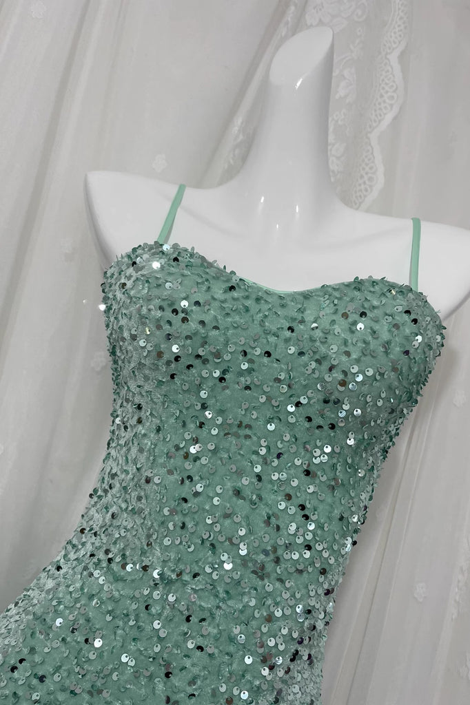 Green Spaghetti Straps Sequin Mermaid Prom Dress, Long Evening Gown UQP0329