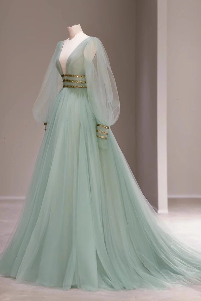 Mint Green V Neck Long Sleeves Tulle Long Prom Gown, Princess