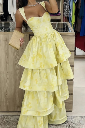 New Arrival Straps Printed Long Prom Dress, A Line Tiered Formal Gown UQP0336