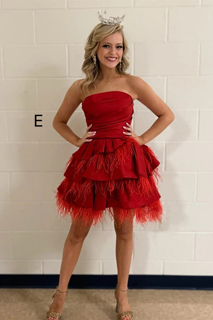 New Arrival Strapless Tiered Hoco Dress, A Line Short Prom Gown UQH0243