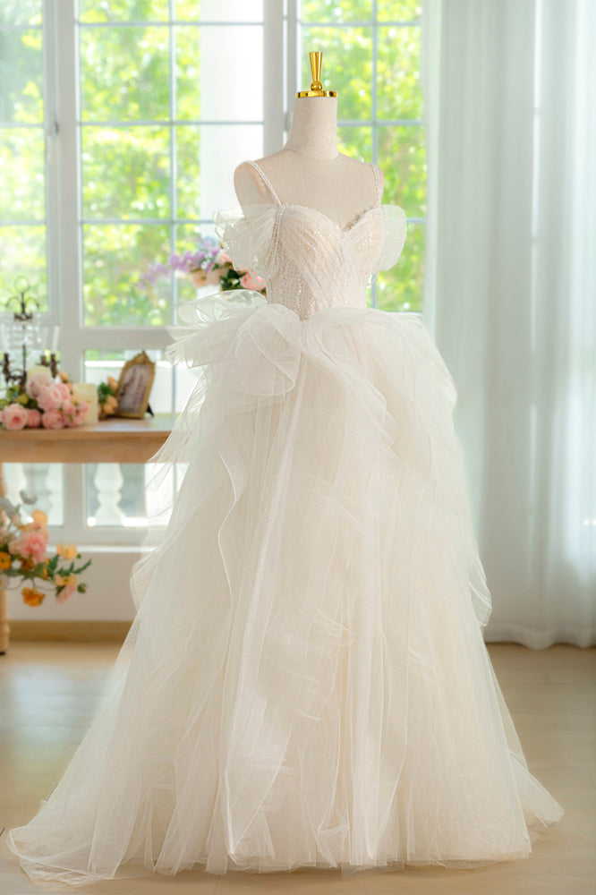 New Arrival Spaghetti Straps Tulle Wedding Dress, Ivory Long Bridal Gown UQW0135