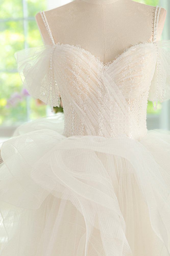 New Arrival Spaghetti Straps Tulle Wedding Dress, Ivory Long Bridal Gown UQW0135