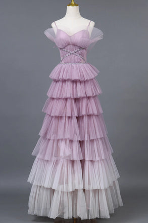 Ombre Spaghetti Straps Tiered Formal Dress, Princess Long Prom Gown with Sparkles UQP0335