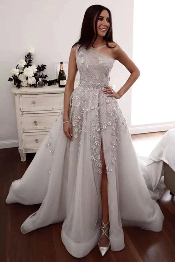 A Line One Shoulder Tulle Wedding Dress with Beading, Gorgeous Long Prom Gown UQW0132