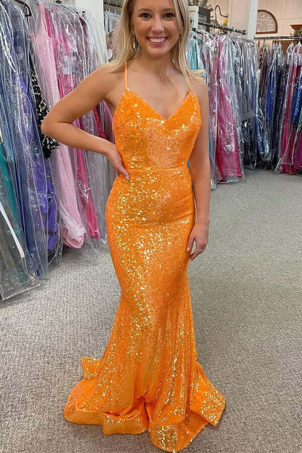 Orange V Neck Sleeveless Mermaid Prom Dress, Shiny Sequin Formal Gown UQP0306