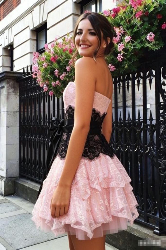 A Line Strapless Lace Short Homecoming Gown with Bow, Pink Cute Hoco D Uniquedresss A Line Strapless Lace Short Homecoming Gown with Bow, Pink Cute Hoco D Uniquedresss