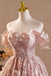 Pink Off the Shoulder Lace Short Prom Gown, Homecoming Dress with Flowers UQH0241