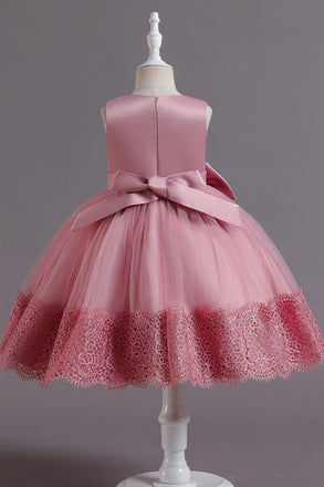 Princess Sleeveless Tulle Knee Length Flower Girl Dress with Lace, Girl's Dress UQF0011