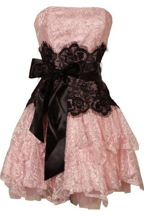 A Line Strapless Lace Short Homecoming Gown with Bow, Pink Cute Hoco Dress UQH0271