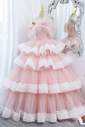 Princess Off the Shoulder Pink Prom Dress, Sparkly Ball Gown Long Quinceanera Dress UQP0307