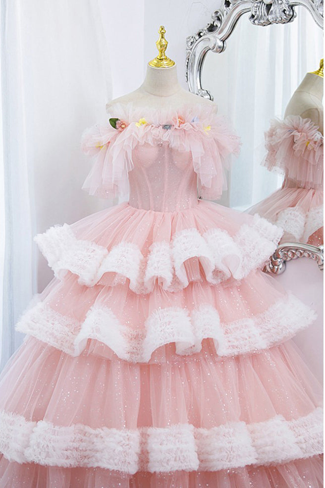 Princess Off the Shoulder Pink Prom Dress, Sparkly Ball Gown Long Quinceanera Dress UQP0307